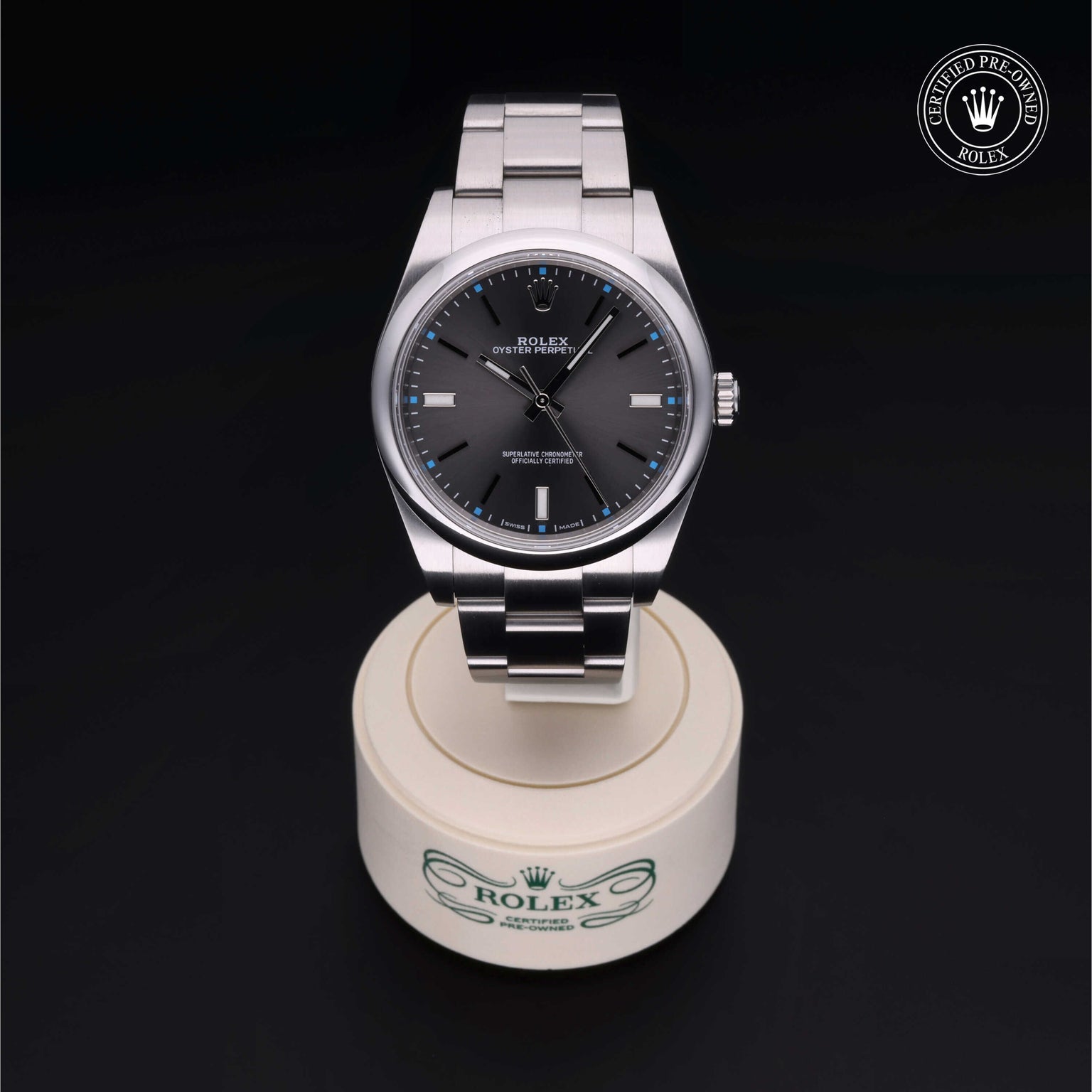 Rolex Certified Pre-owned Oyster Perpetual M114300-0001 front on black background