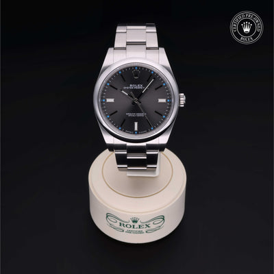 Rolex Certified Pre-owned Oyster Perpetual M114300-0001 front on black background