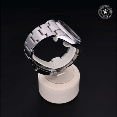 Rolex Certified Pre-owned Oyster Perpetual M114300-0001 front on black background