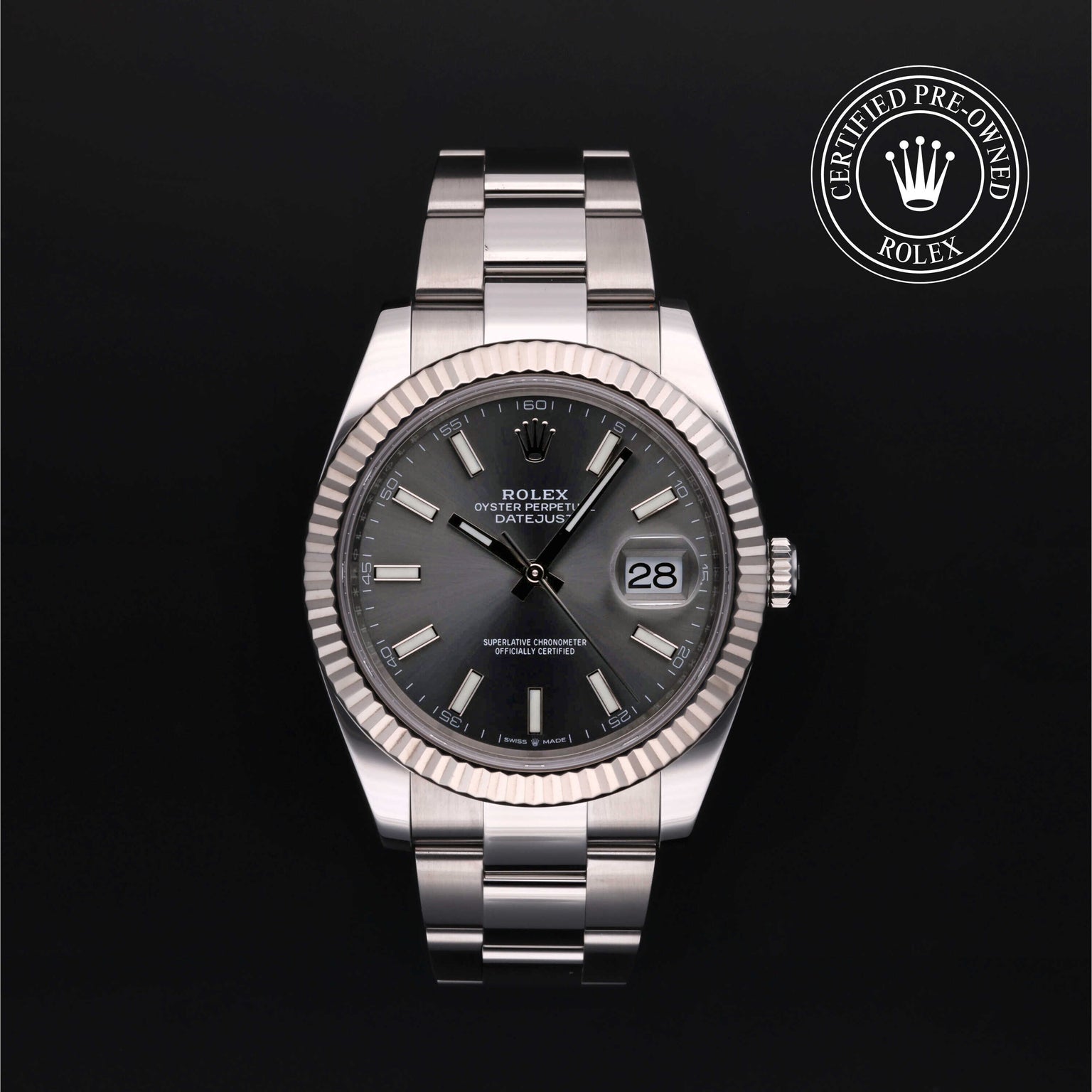 Rolex Certified Pre-owned Datejust M126334-0013 front on black background