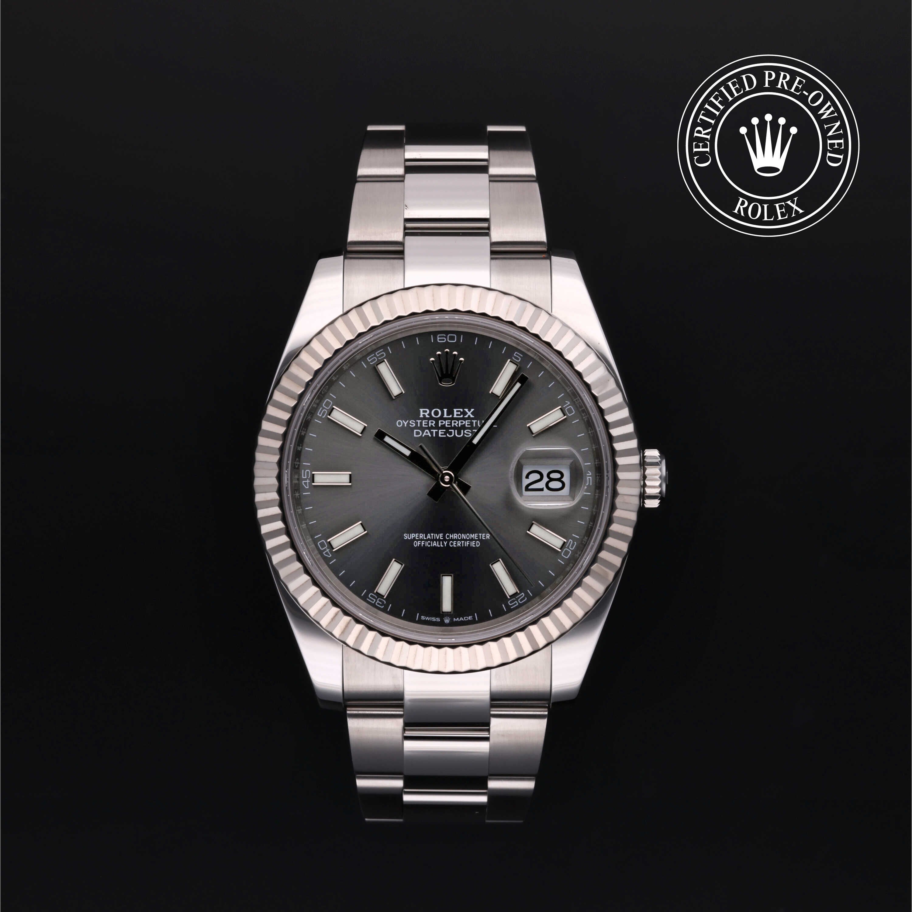 Rolex Certified Pre-owned Datejust M126334-0013 front on black background