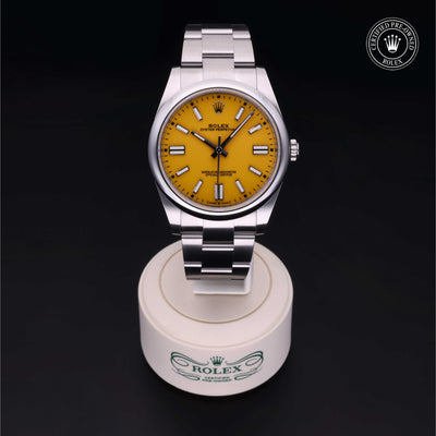 Rolex Certified Pre-owned Oyster Perpetual M124300-0004 front on black background