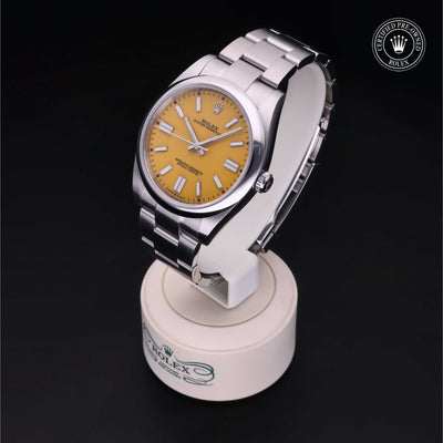 Rolex Certified Pre-owned Oyster Perpetual M124300-0004 front on black background