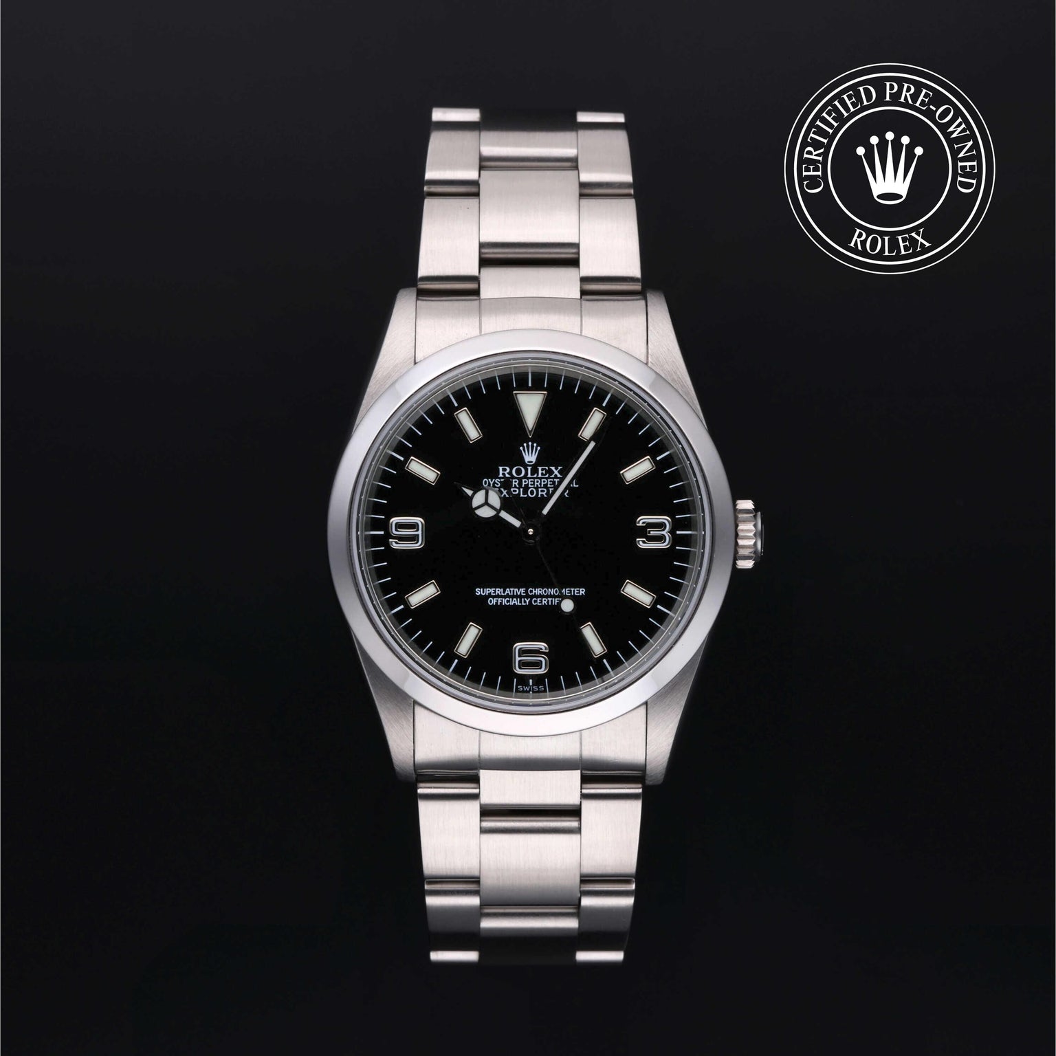 Rolex Certified Pre-owned Explorer M14270-0001 front on black background