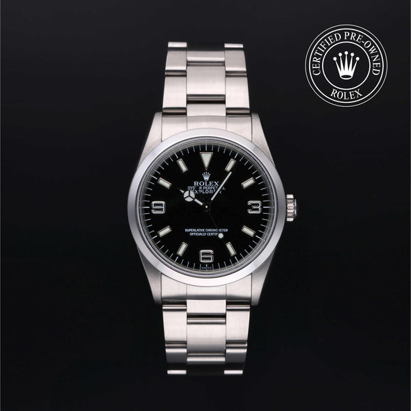Rolex Certified Pre-owned Explorer M14270-0001 front on black background