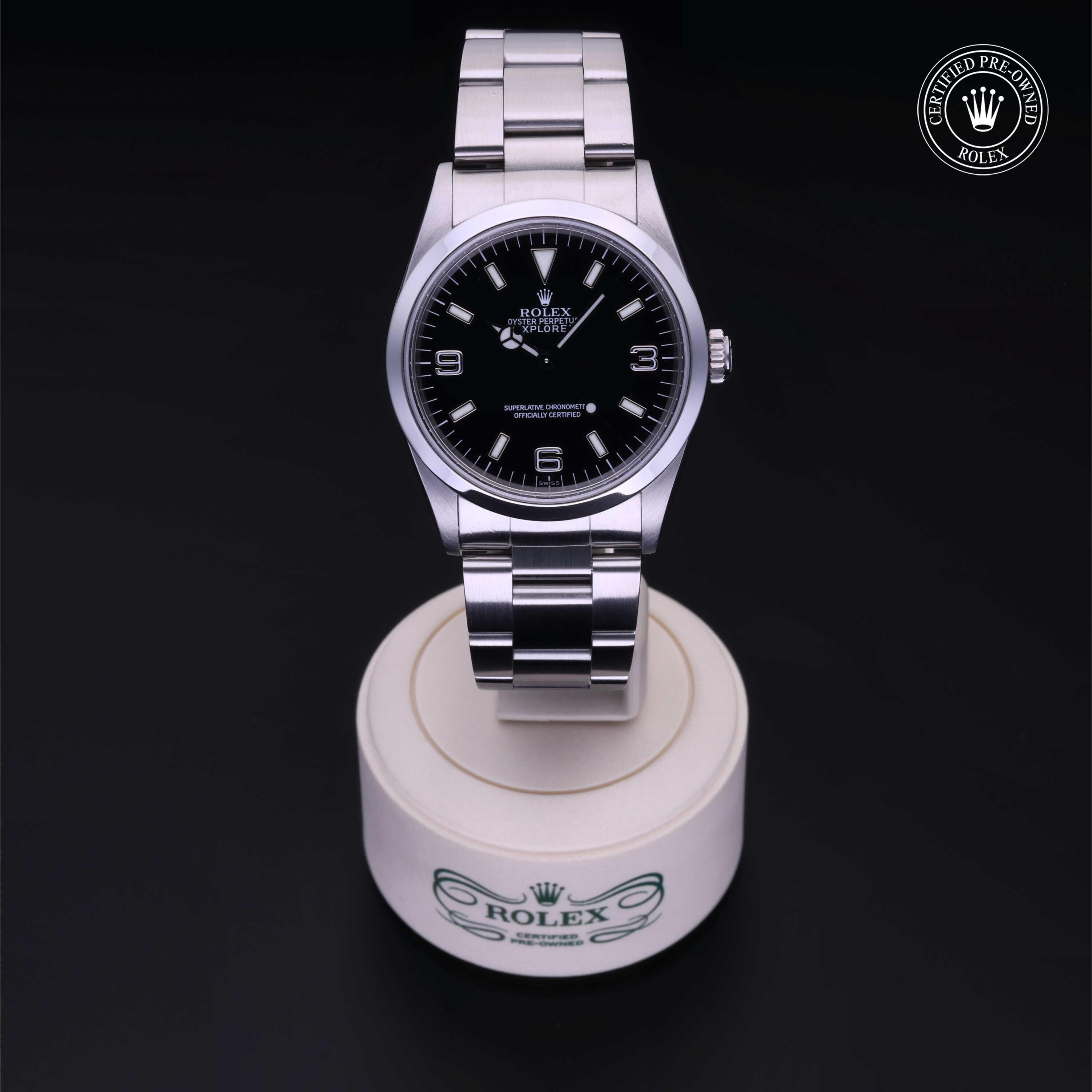 Rolex Certified Pre-owned Explorer M14270-0001 front on black background