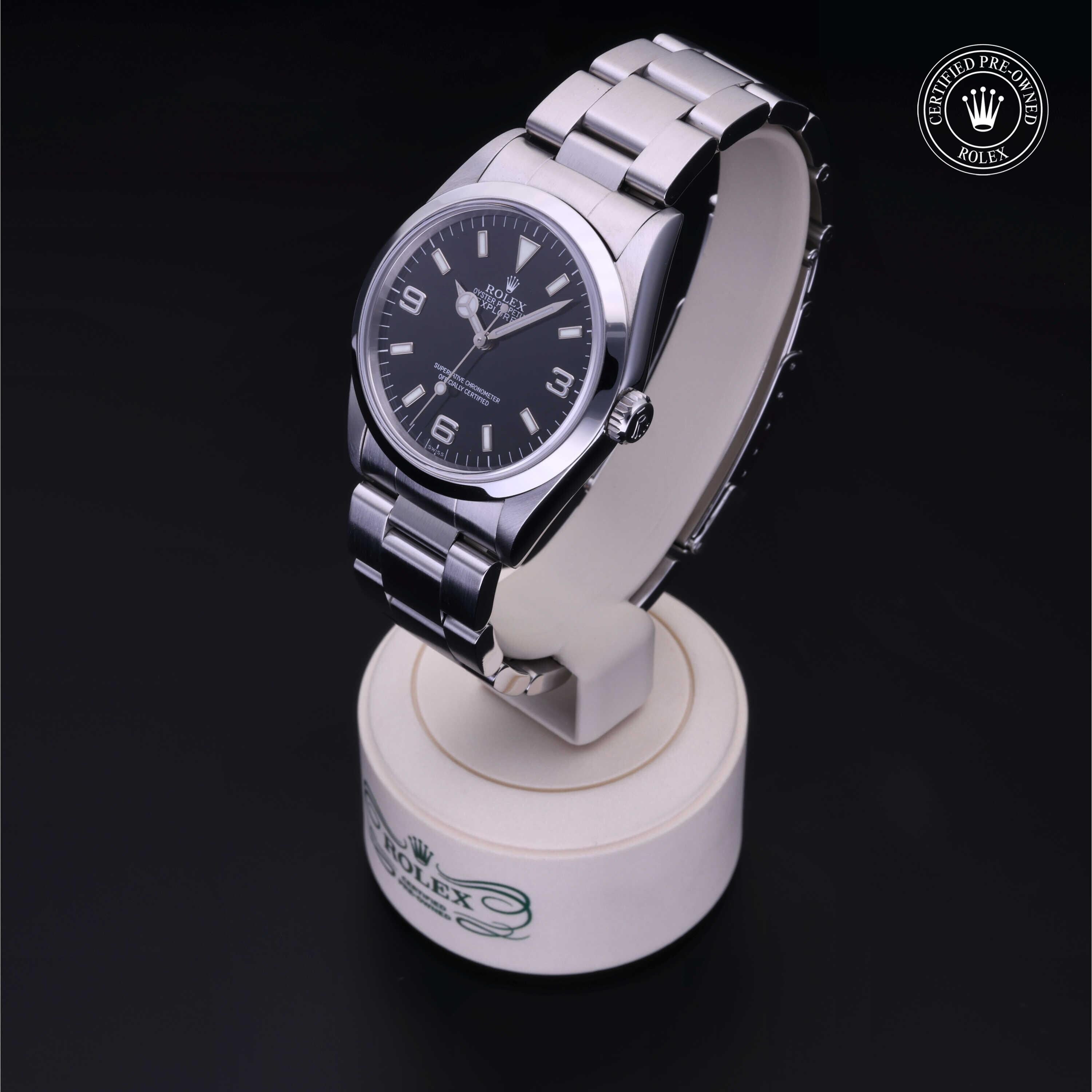 Rolex Certified Pre-owned Explorer M14270-0001 front on black background