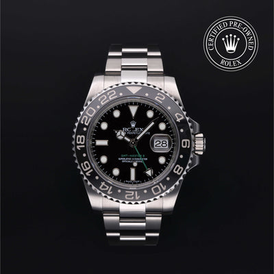 Rolex Certified Pre-owned GMT M116710LN-0001 front on black background