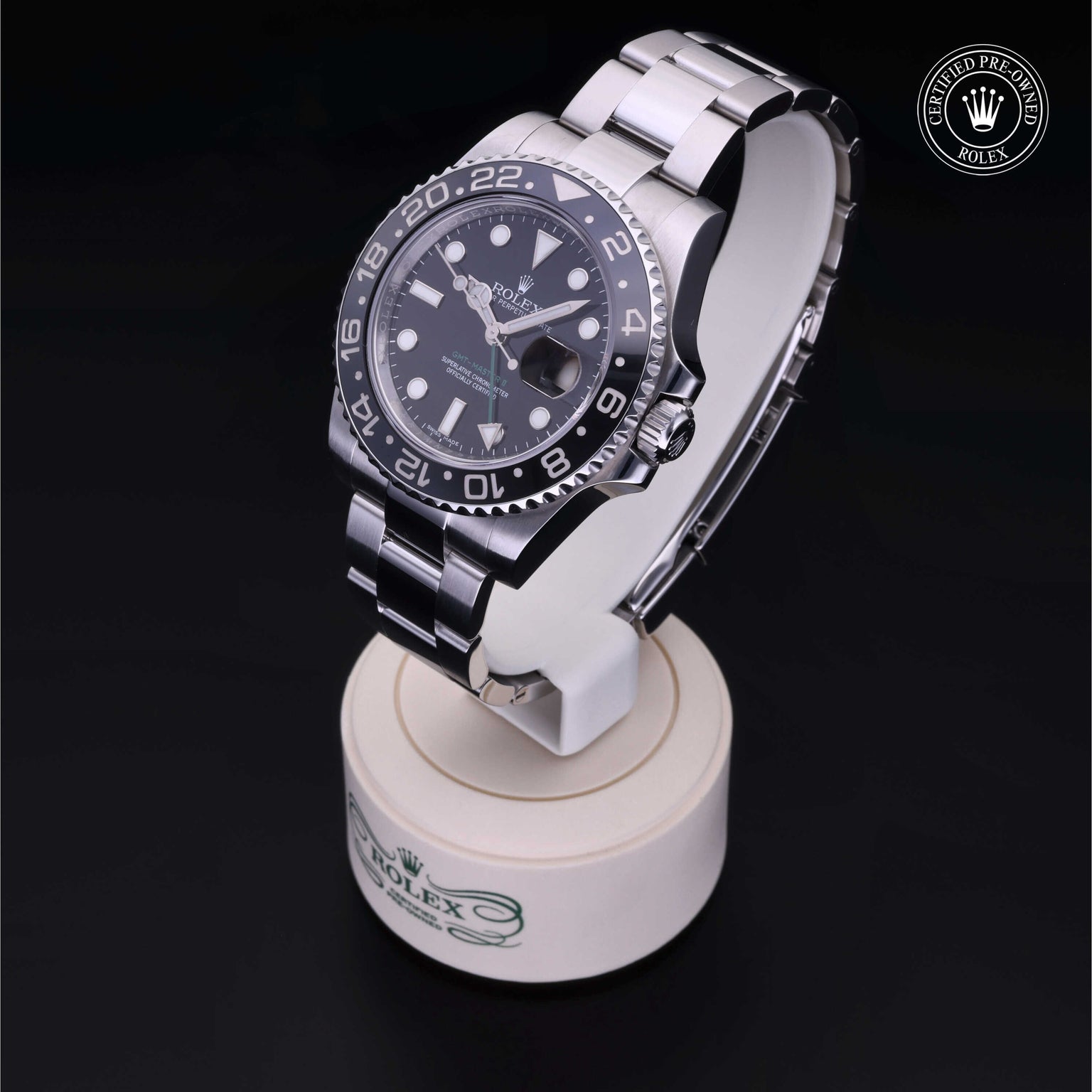 Rolex Certified Pre-owned GMT M116710LN-0001 front on black background