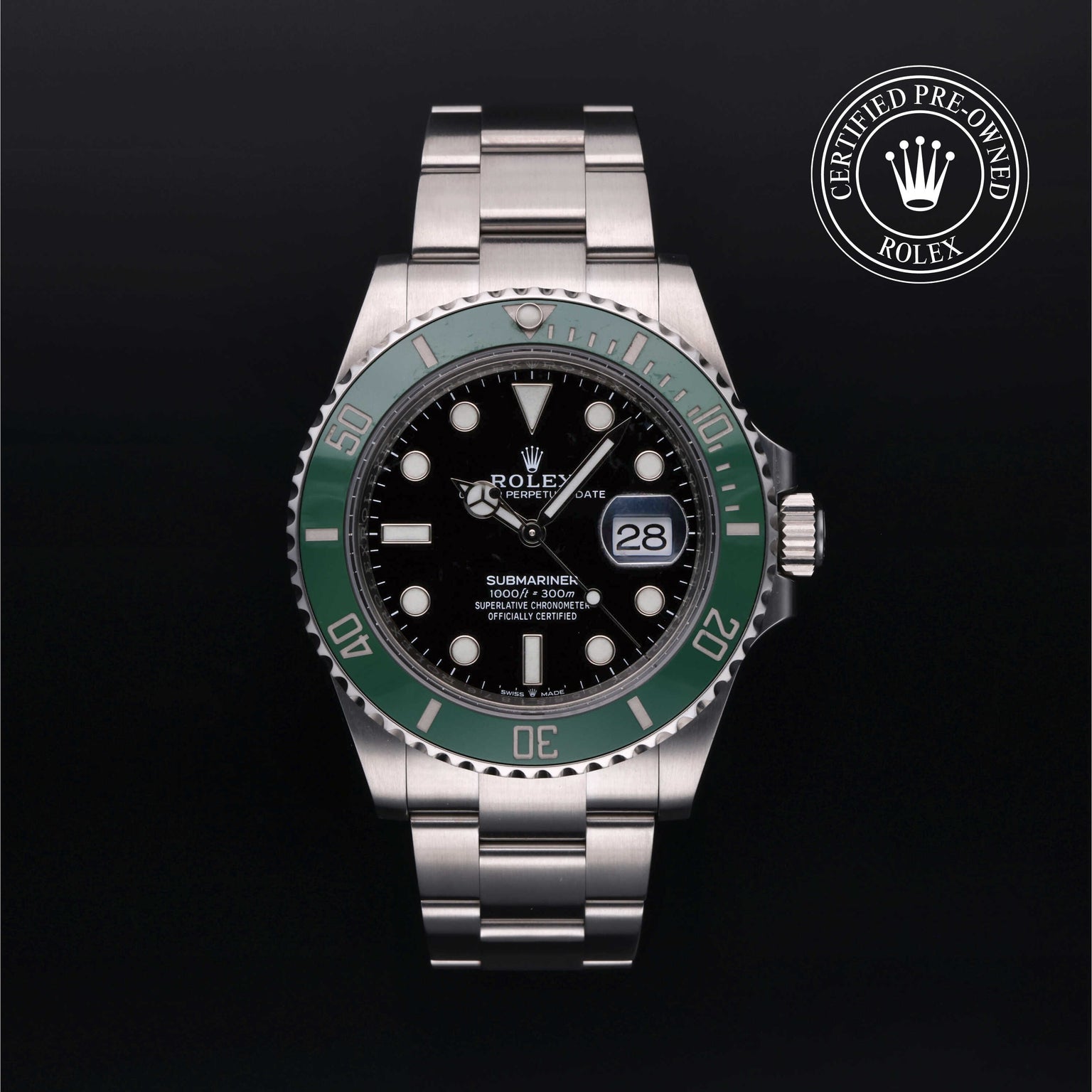 Rolex Certified Pre-owned Submariner M126610LV-0002 front on black background