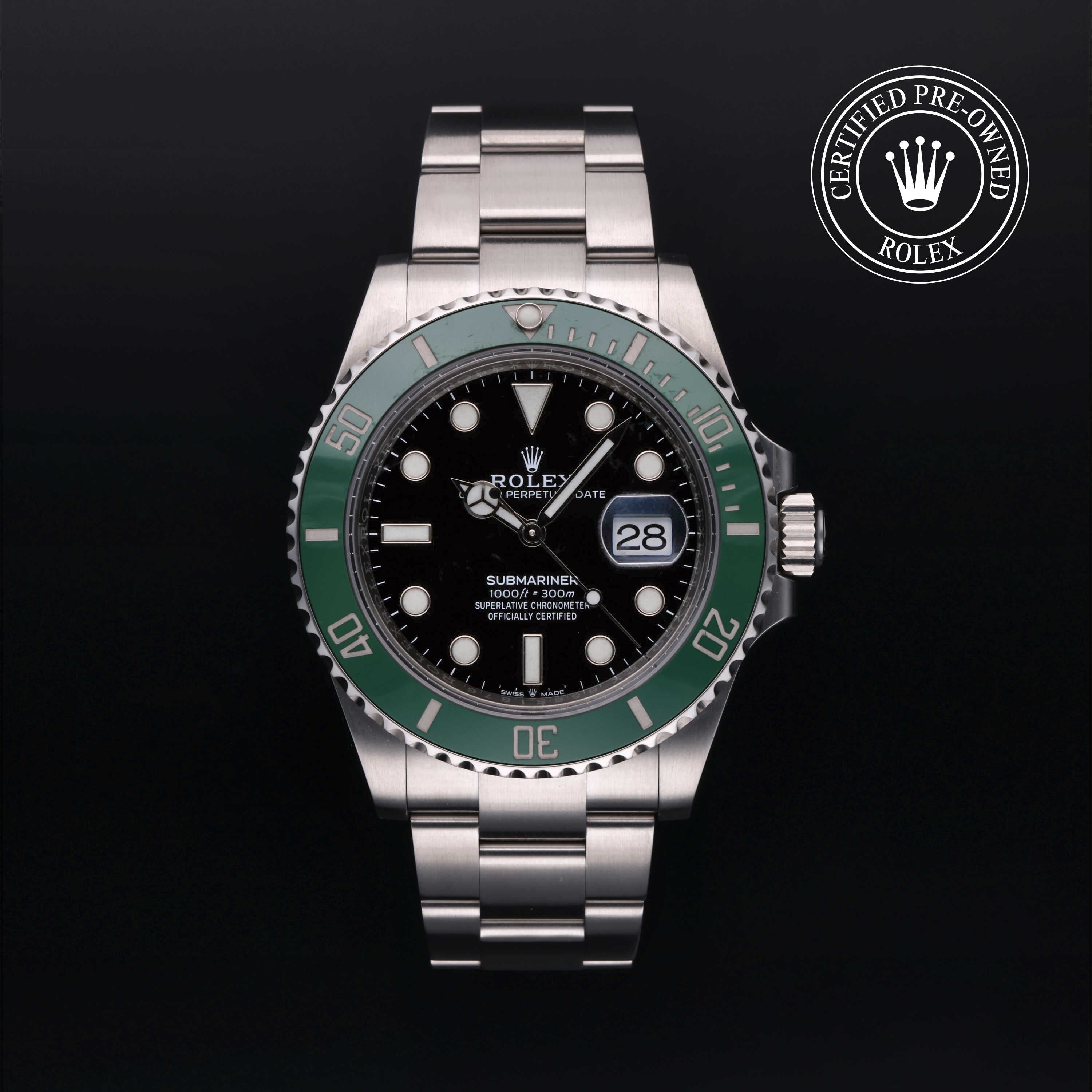 Rolex Certified Pre-owned Submariner M126610LV-0002 front on black background