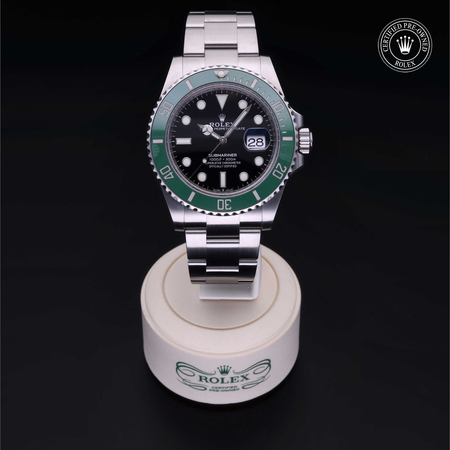 Rolex Certified Pre-owned Submariner M126610LV-0002 front on black background
