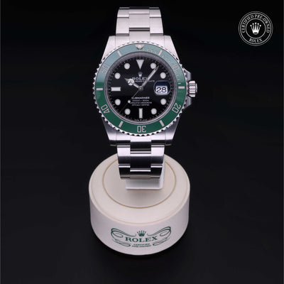 Rolex Certified Pre-owned Submariner M126610LV-0002 front on black background