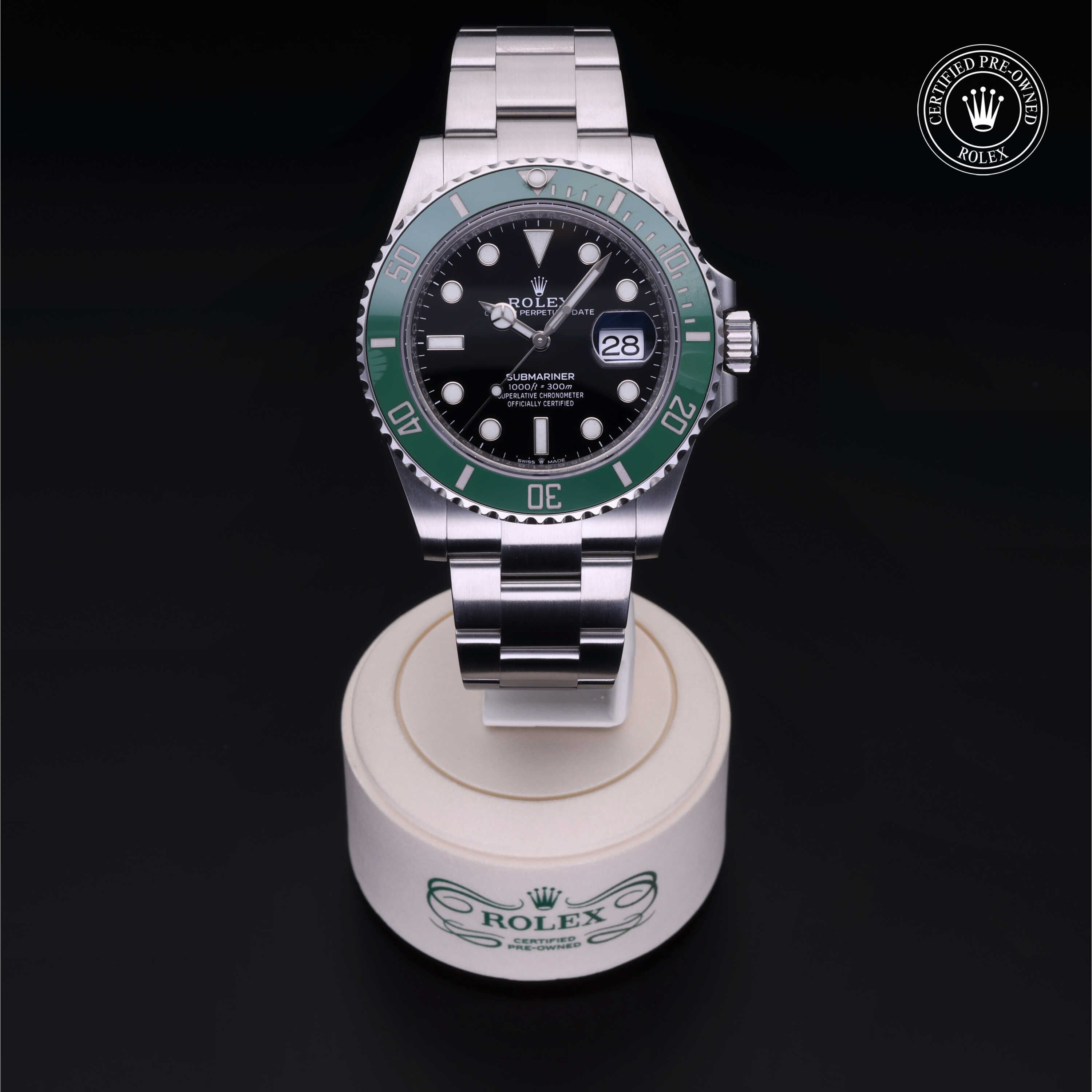 Rolex Certified Pre-owned Submariner M126610LV-0002 front on black background
