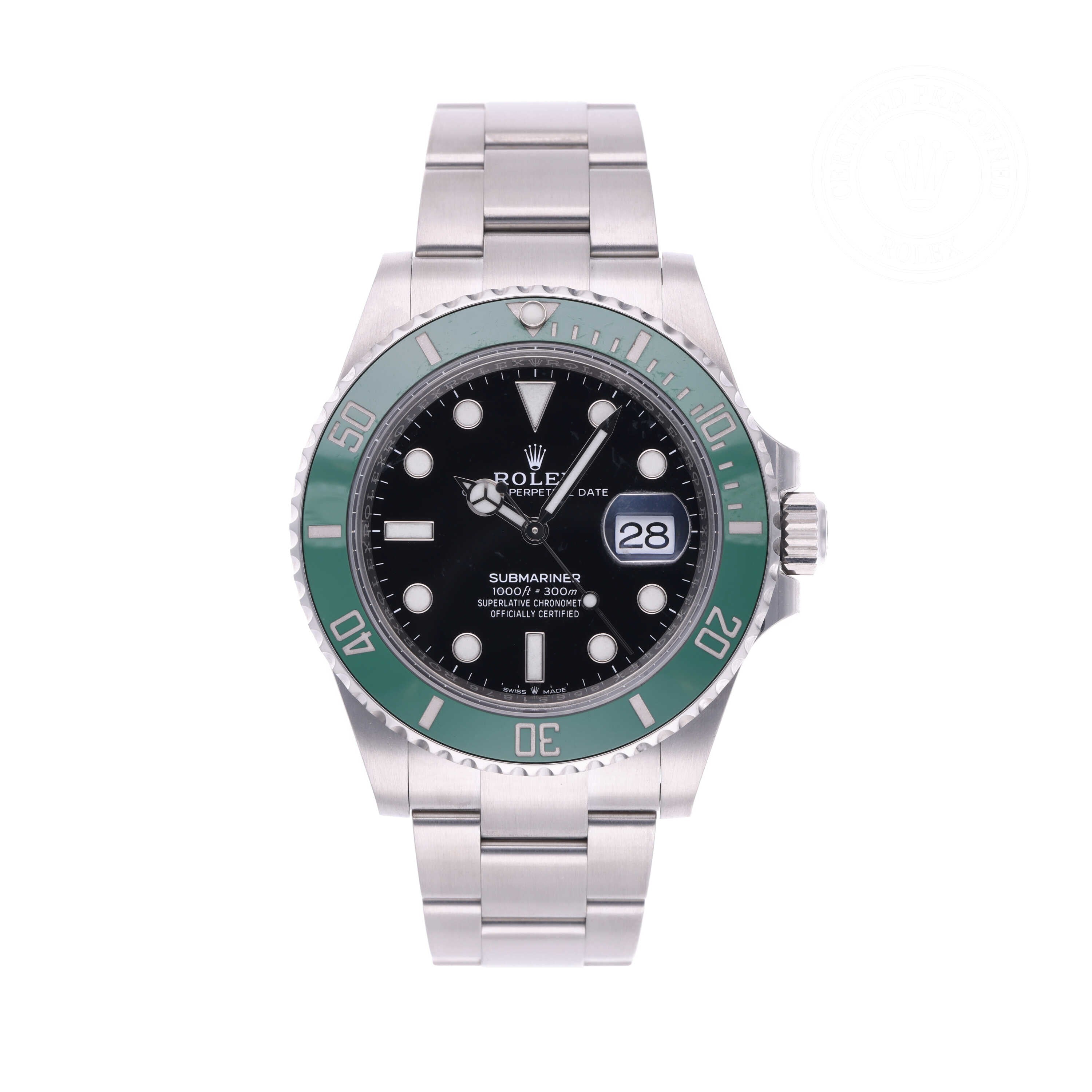 Rolex Certified Pre-owned Submariner M126610LV-0002 front on white background