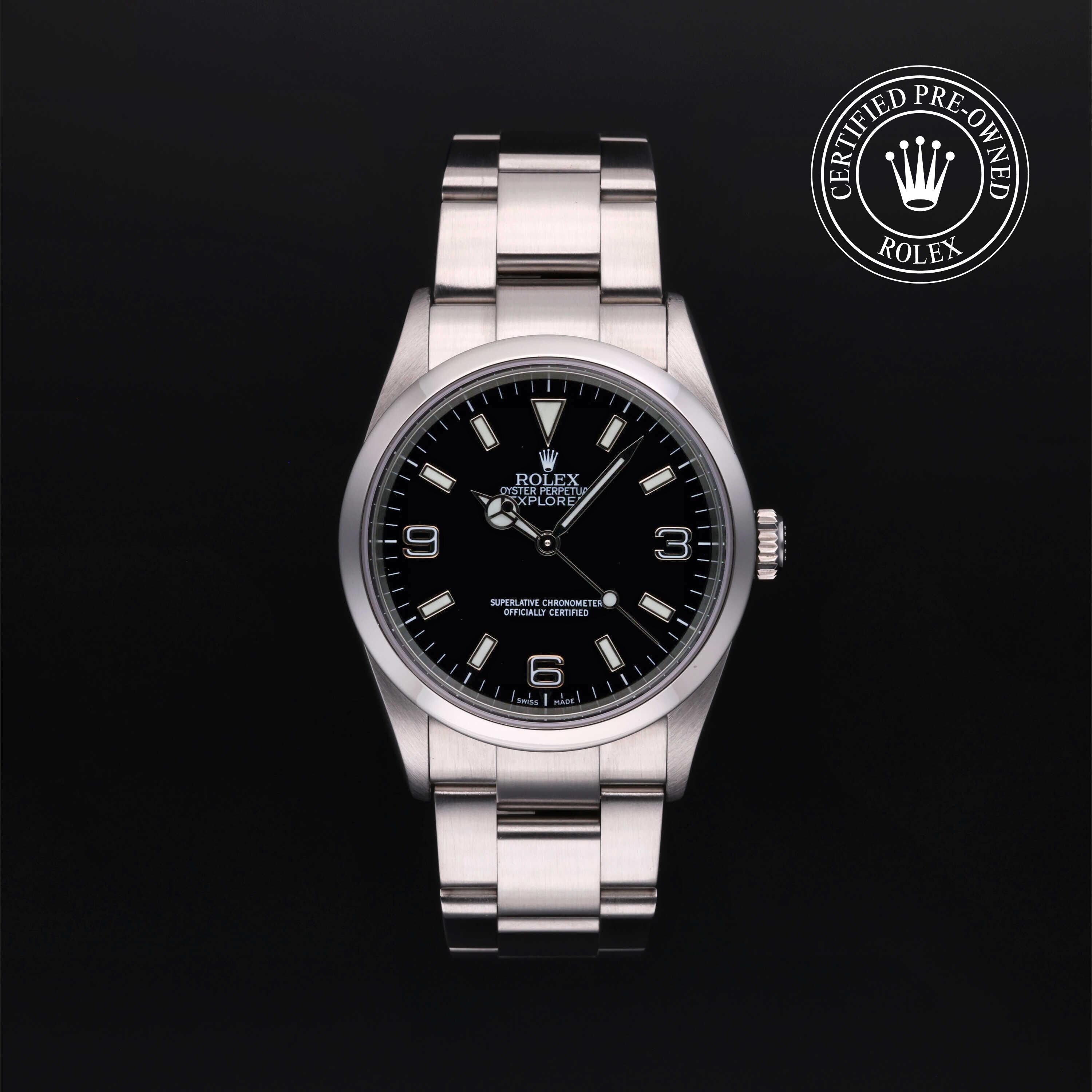 Rolex Certified Pre-owned Explorer M114270-0002 front on black background
