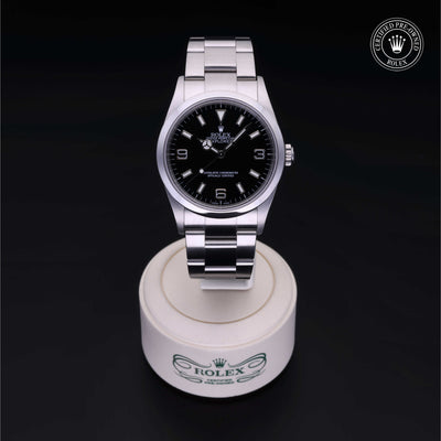 Rolex Certified Pre-owned Explorer M114270-0002 front on black background
