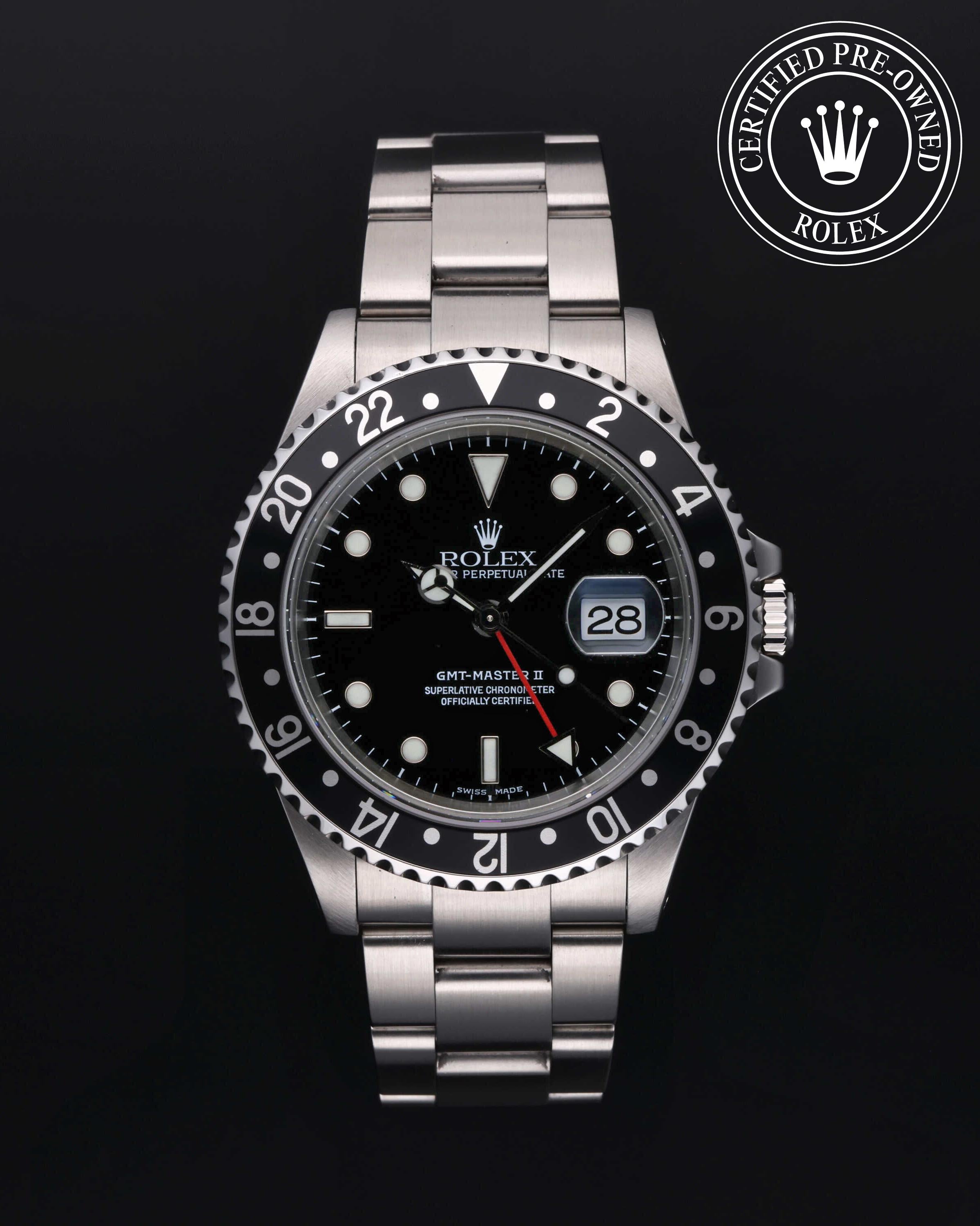 Rolex Certified Pre-owned GMT M16710LN-0004 front on black background