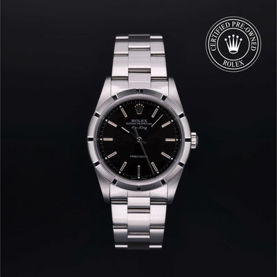 Rolex Certified Pre-owned Air-King M14010M-0012 front on black background