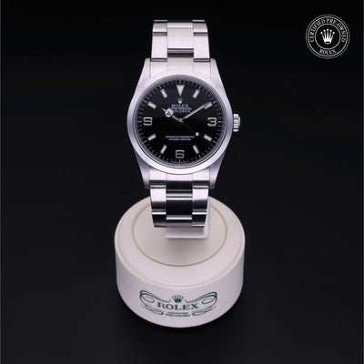 Rolex Certified Pre-owned Explorer M114270-0002 front on black background