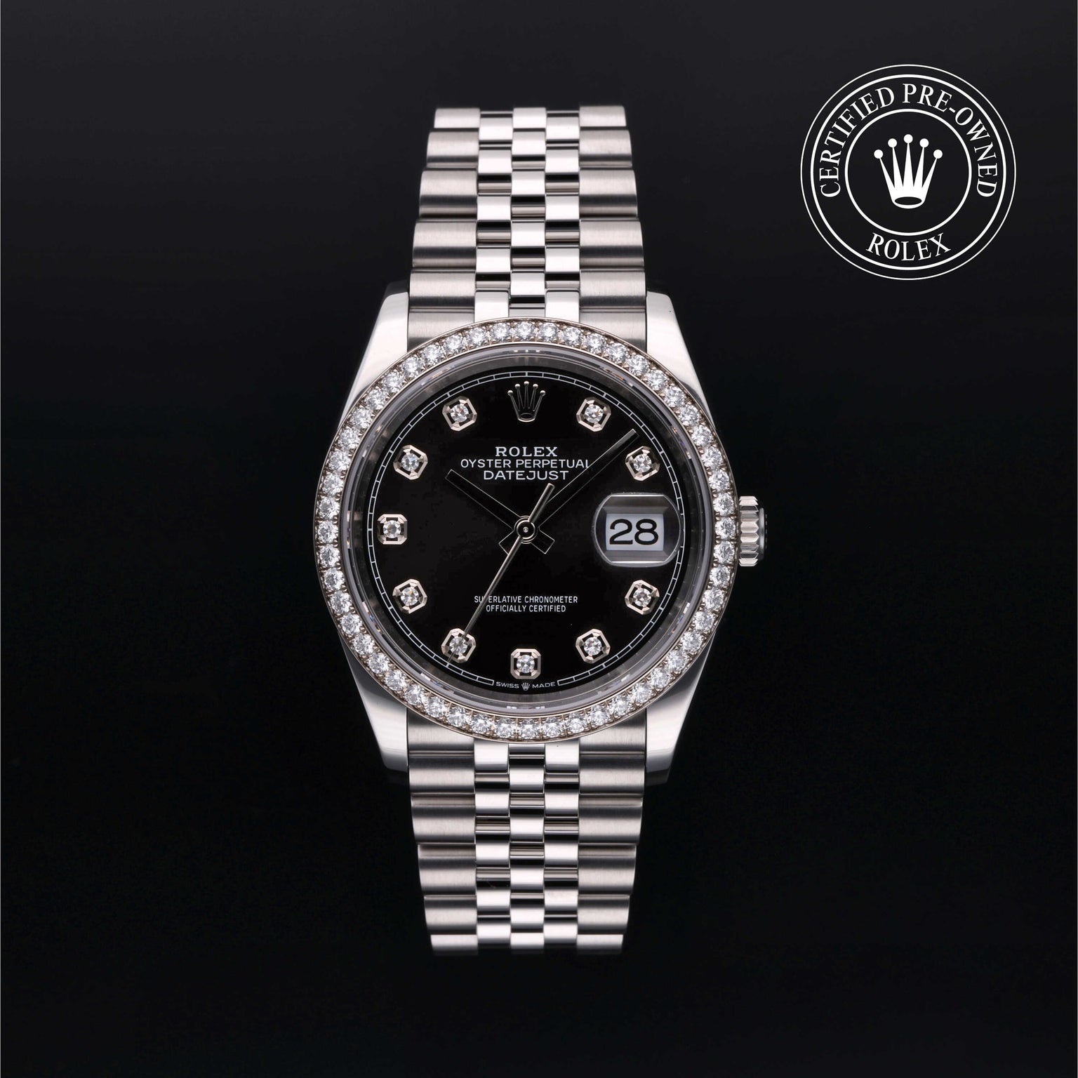 Rolex Certified Pre-owned Datejust M126284RBR-0019 front on black background