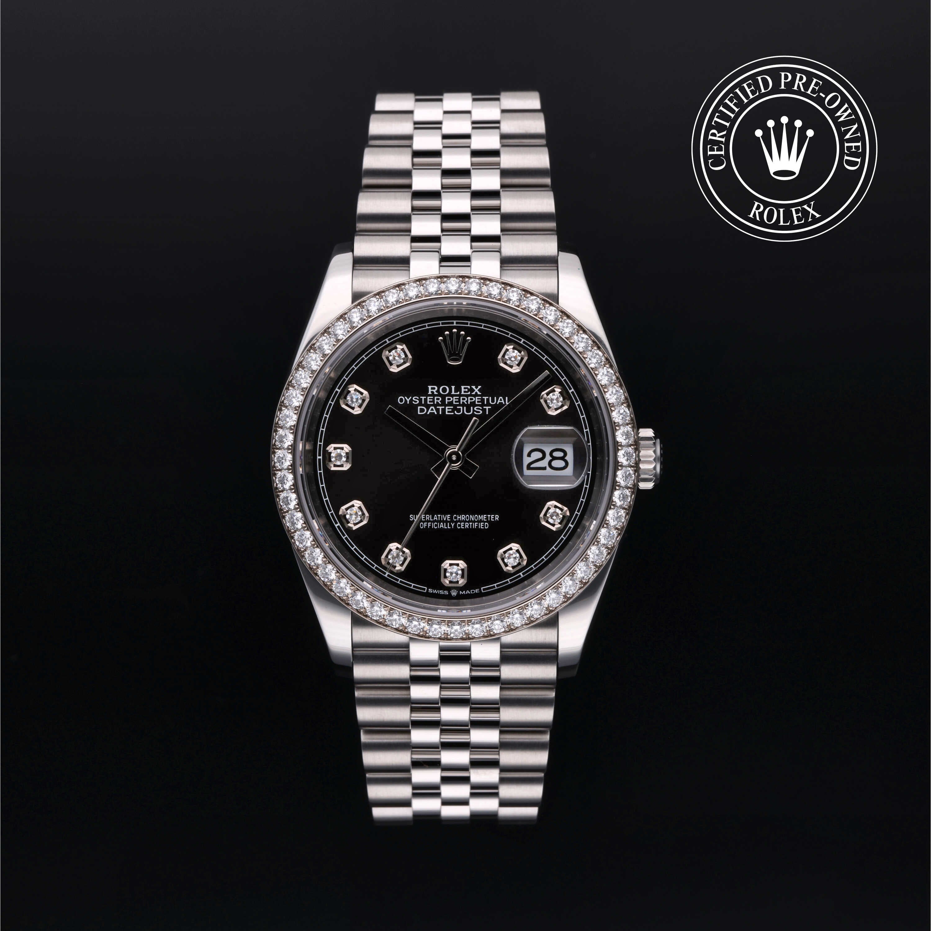 Rolex Certified Pre-owned Datejust M126284RBR-0019 front on black background