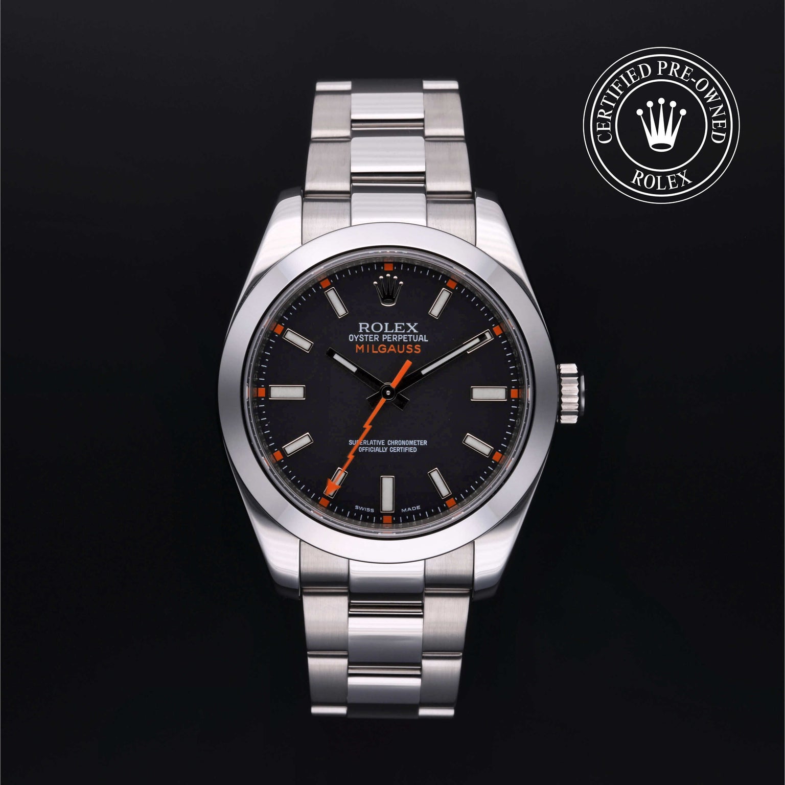 Rolex Certified Pre-owned Milgauss M116400-0001 front on black background