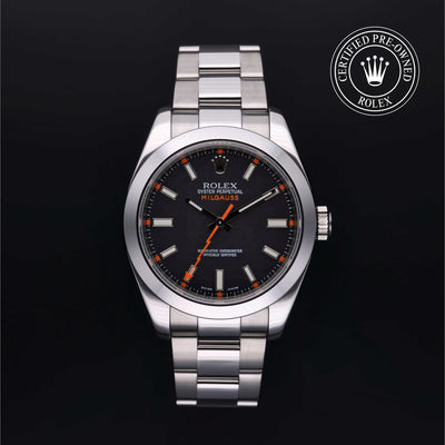 Rolex Certified Pre-owned Milgauss M116400-0001 front on black background