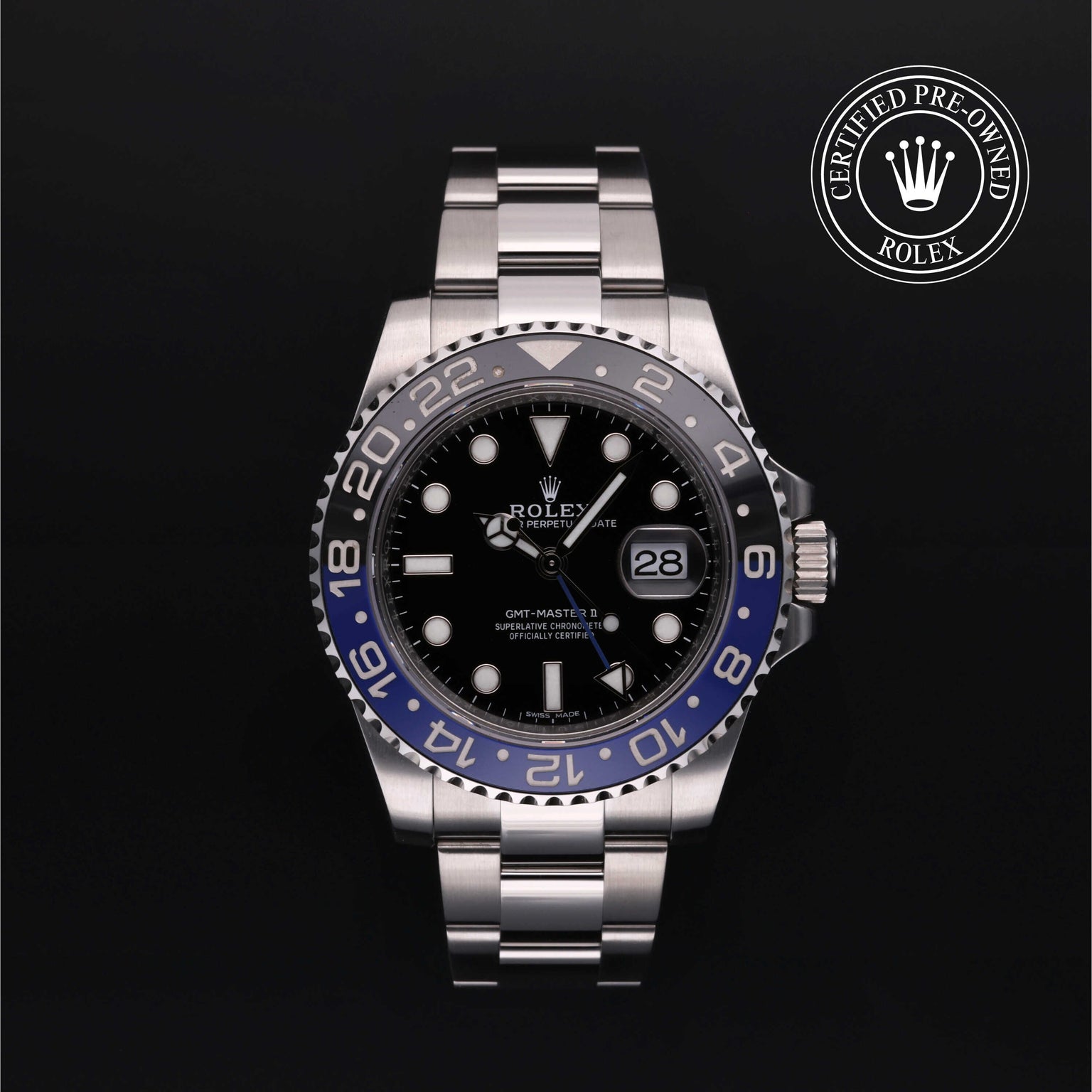 Rolex Certified Pre-owned GMT M116710BLNR-0002 front on black background