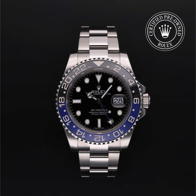 Rolex Certified Pre-owned GMT M116710BLNR-0002 front on black background