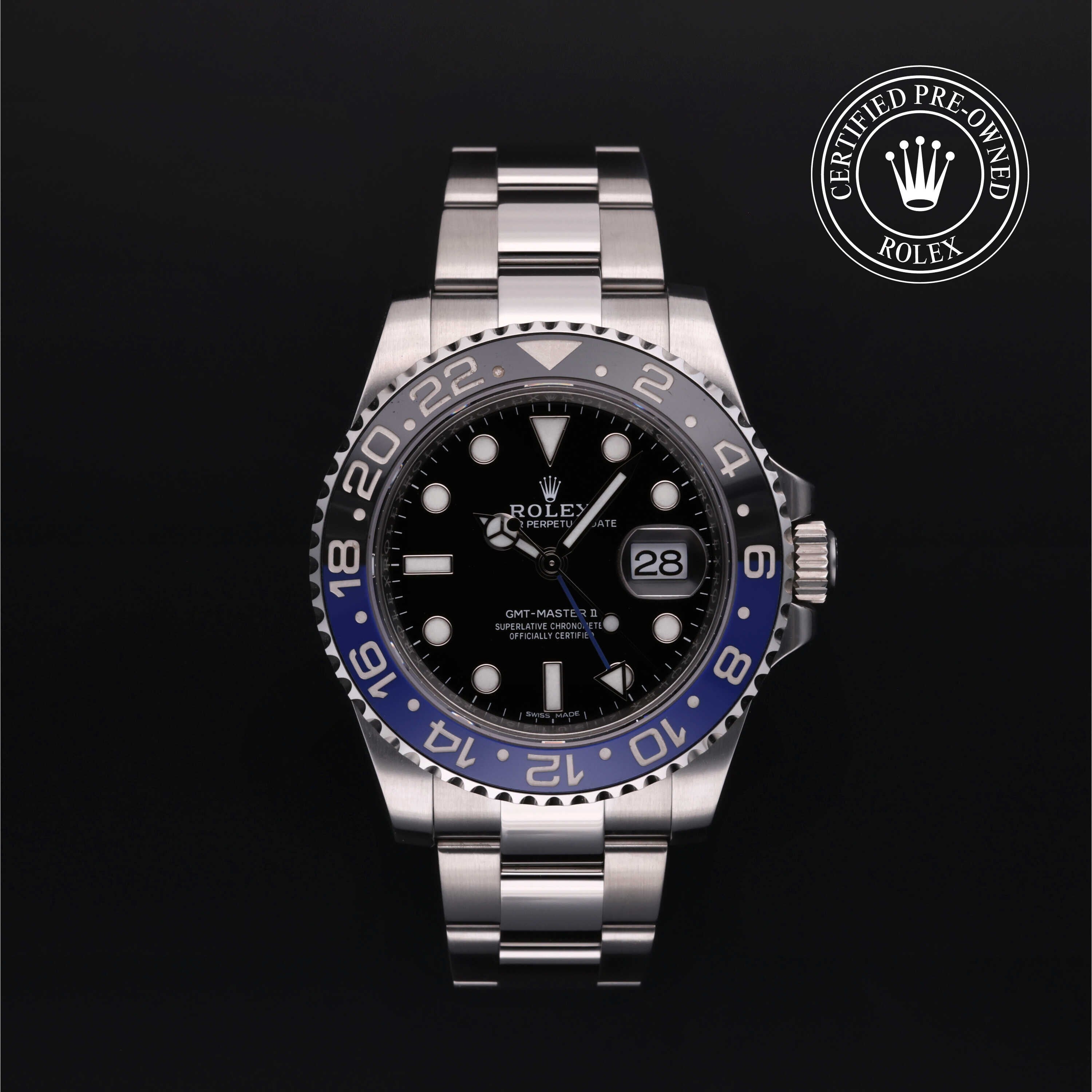 Rolex Certified Pre-owned GMT M116710BLNR-0002 front on black background