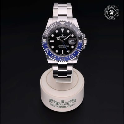 Rolex Certified Pre-owned GMT M116710BLNR-0002 front on black background