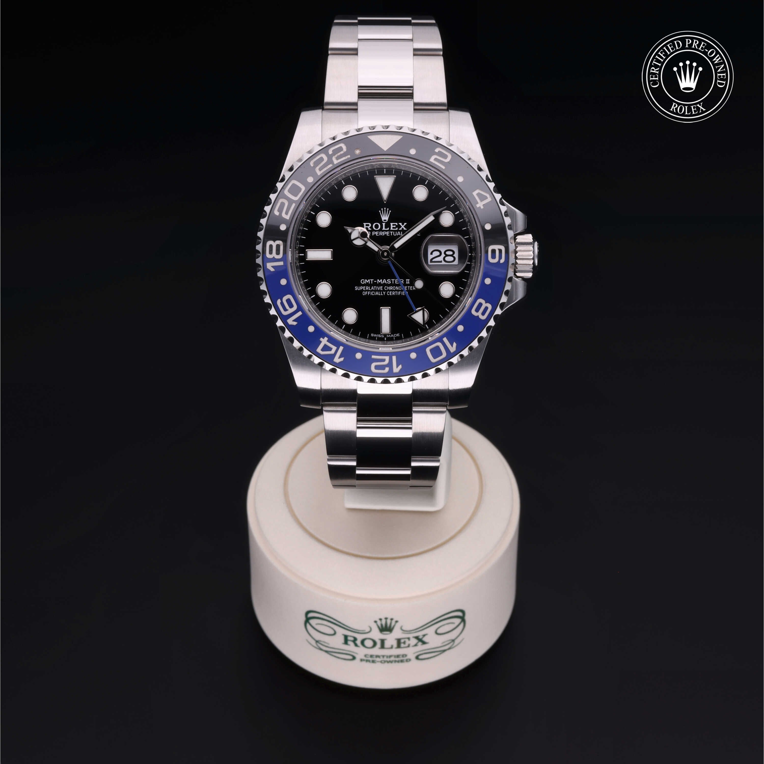 Rolex Certified Pre-owned GMT M116710BLNR-0002 front on black background