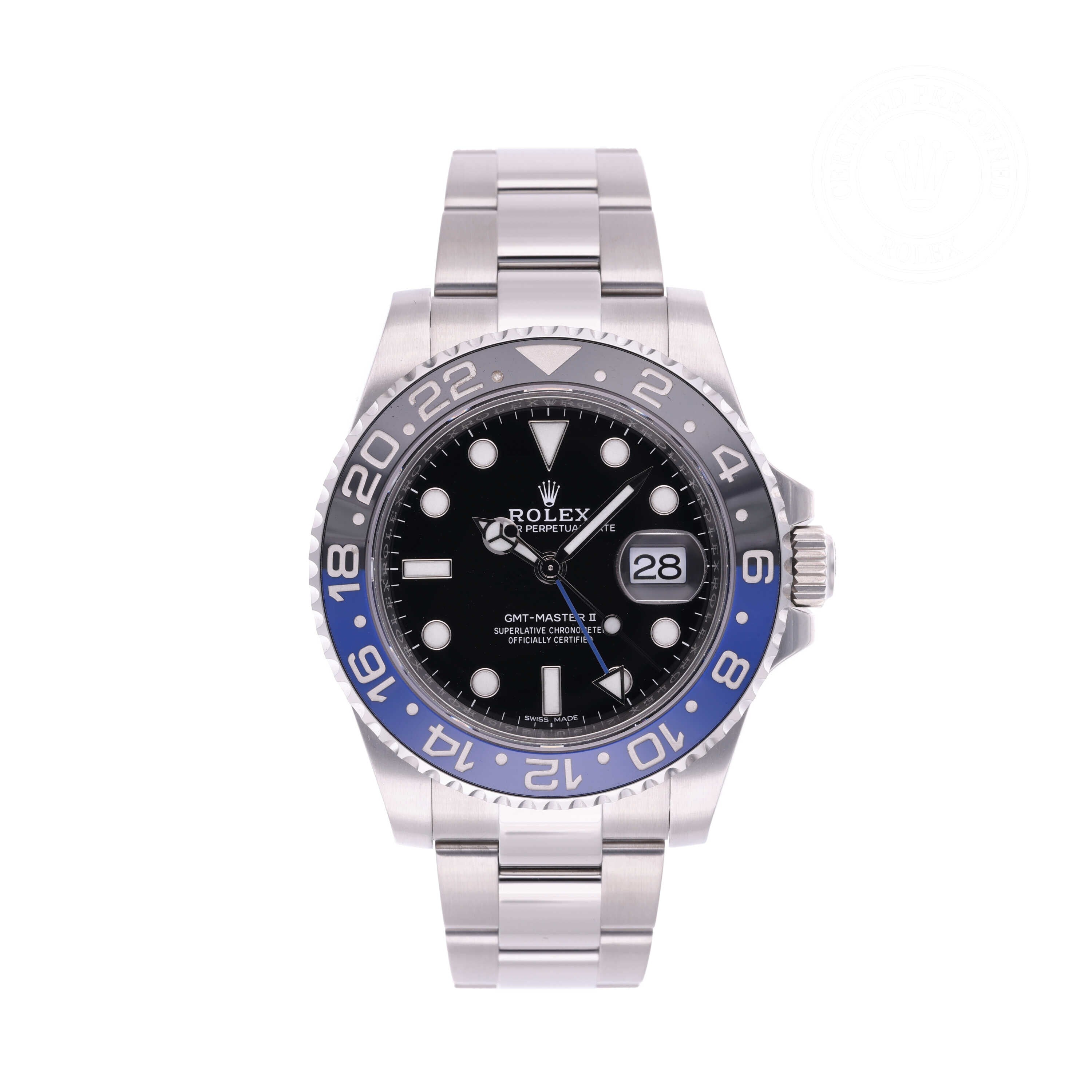Rolex Certified Pre-owned GMT M116710BLNR-0002 front on white background