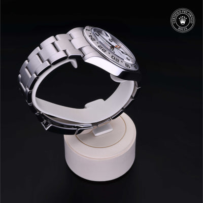 Rolex Certified Pre-owned Explorer M216570-0001 front on black background