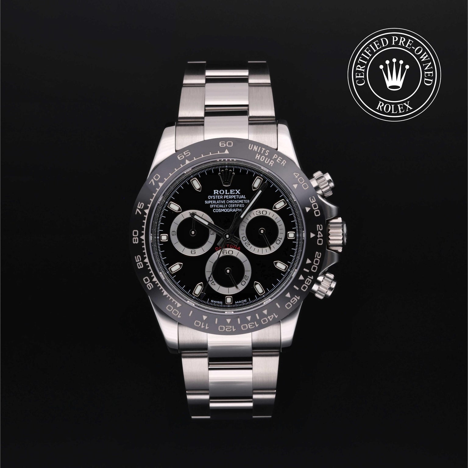 Rolex Certified Pre-owned Daytona M116500LN-0002 front on black background