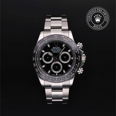 Rolex Certified Pre-owned Daytona M116500LN-0002 front on black background