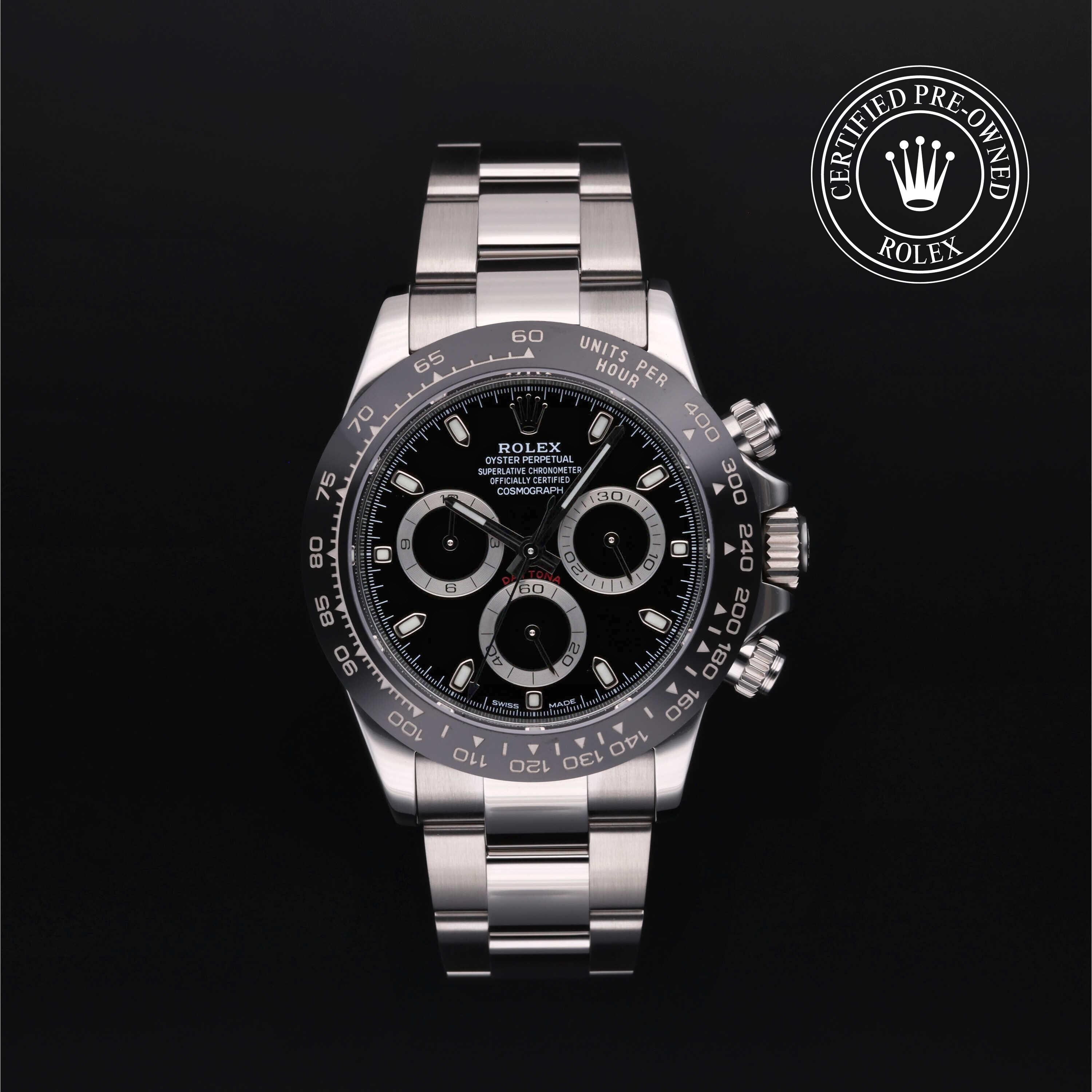 Rolex Certified Pre-owned Daytona M116500LN-0002 front on black background