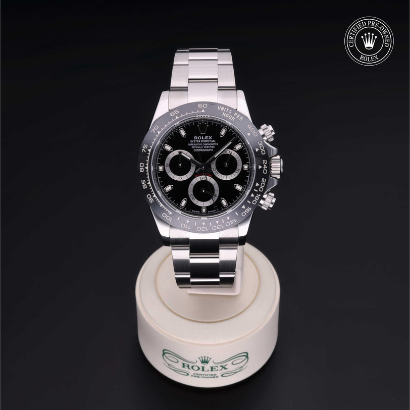 Rolex Certified Pre-owned Daytona M116500LN-0002 front on black background