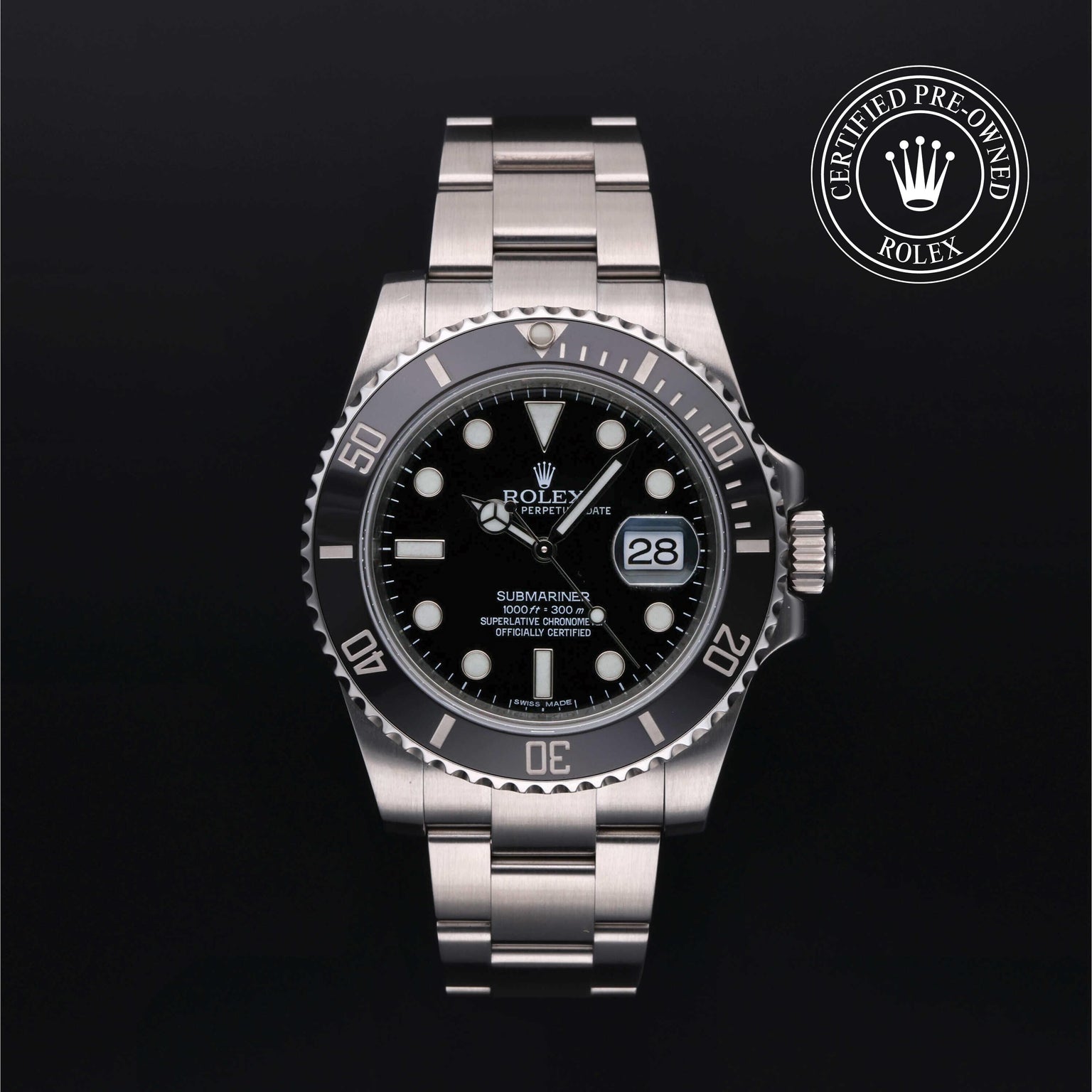 Rolex Certified Pre-owned Submariner M116610LN-0001 front on black background