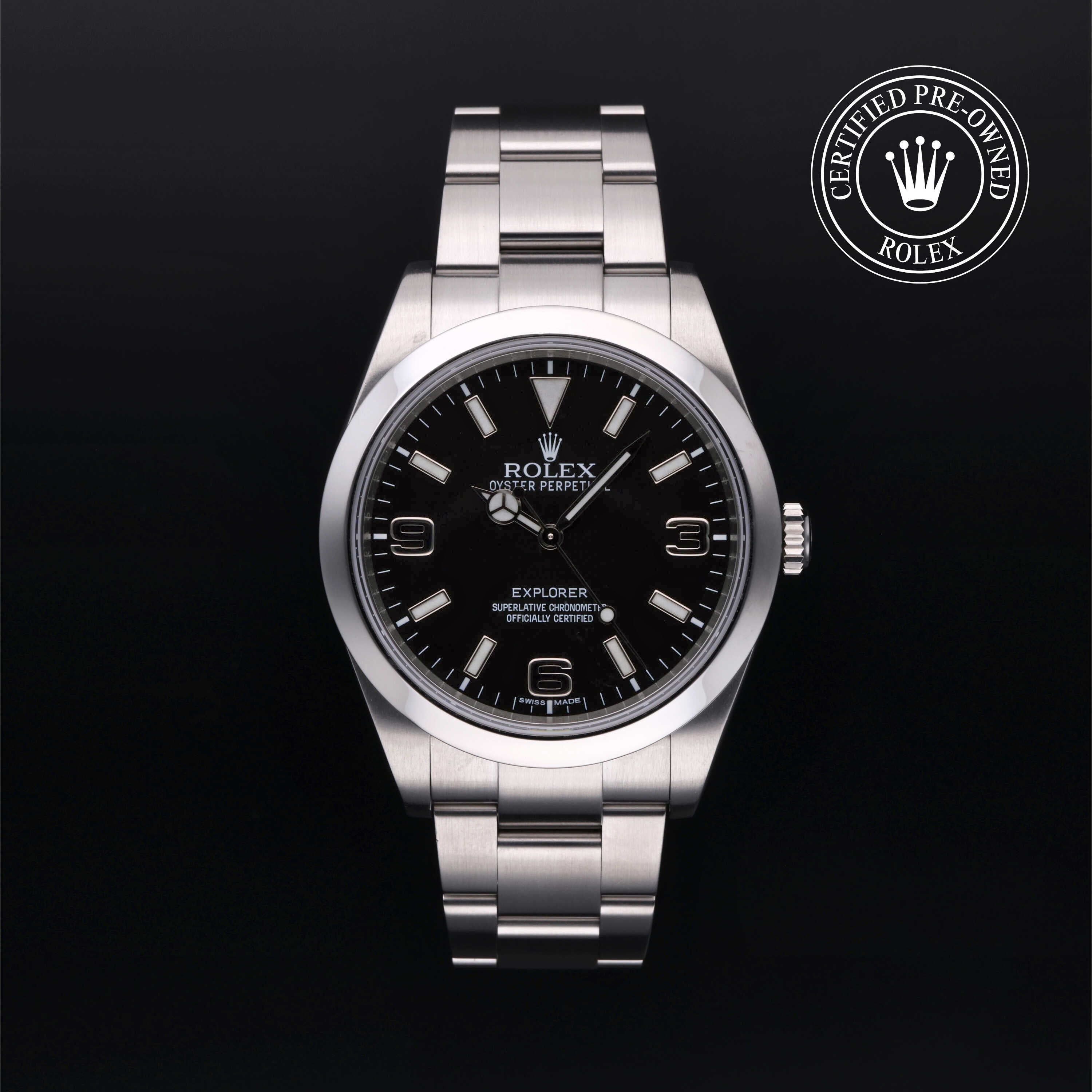 Rolex Certified Pre-owned Explorer M214270-0001 front on black background