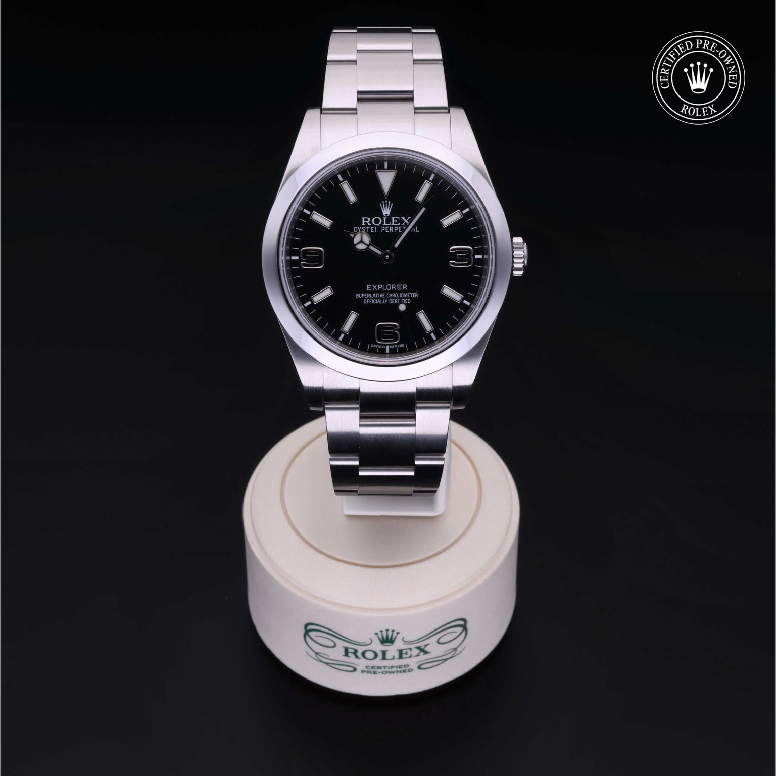 Rolex Certified Pre-owned Explorer M214270-0001 front on black background