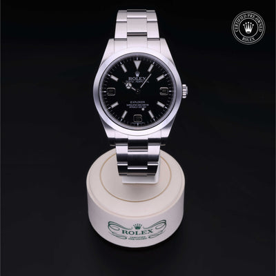 Rolex Certified Pre-owned Explorer M214270-0001 front on black background