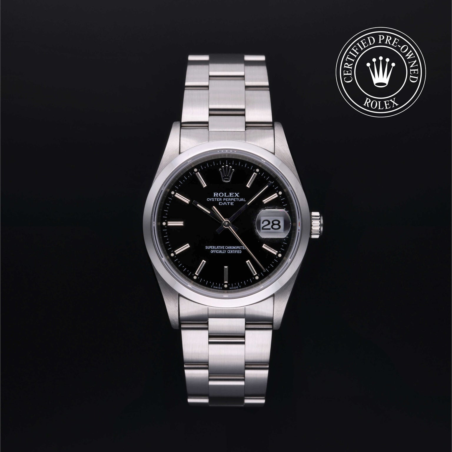 Rolex Certified Pre-owned Date M15200-0009 front on black background