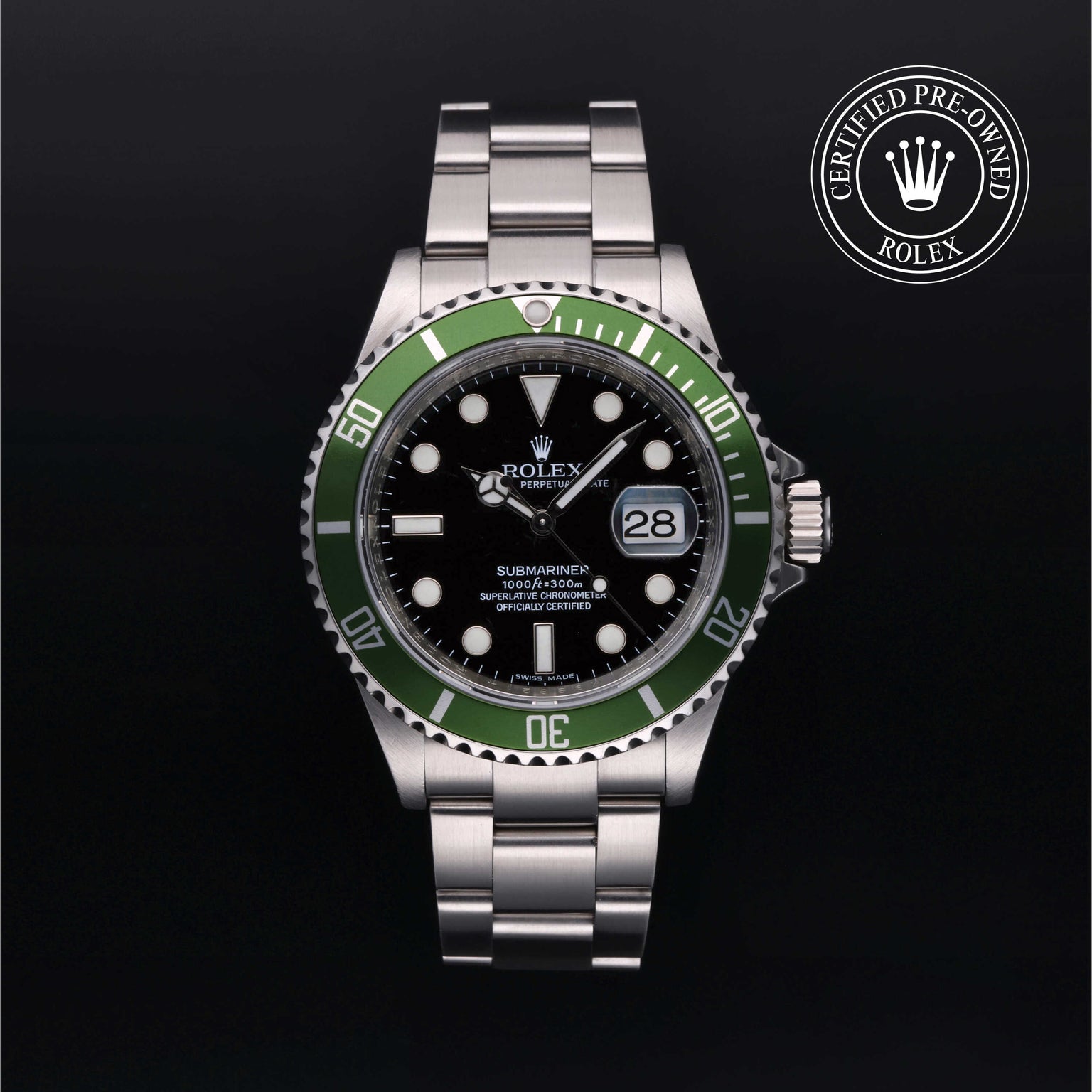 Rolex Certified Pre-owned Submariner M16610LV-0002 front on black background