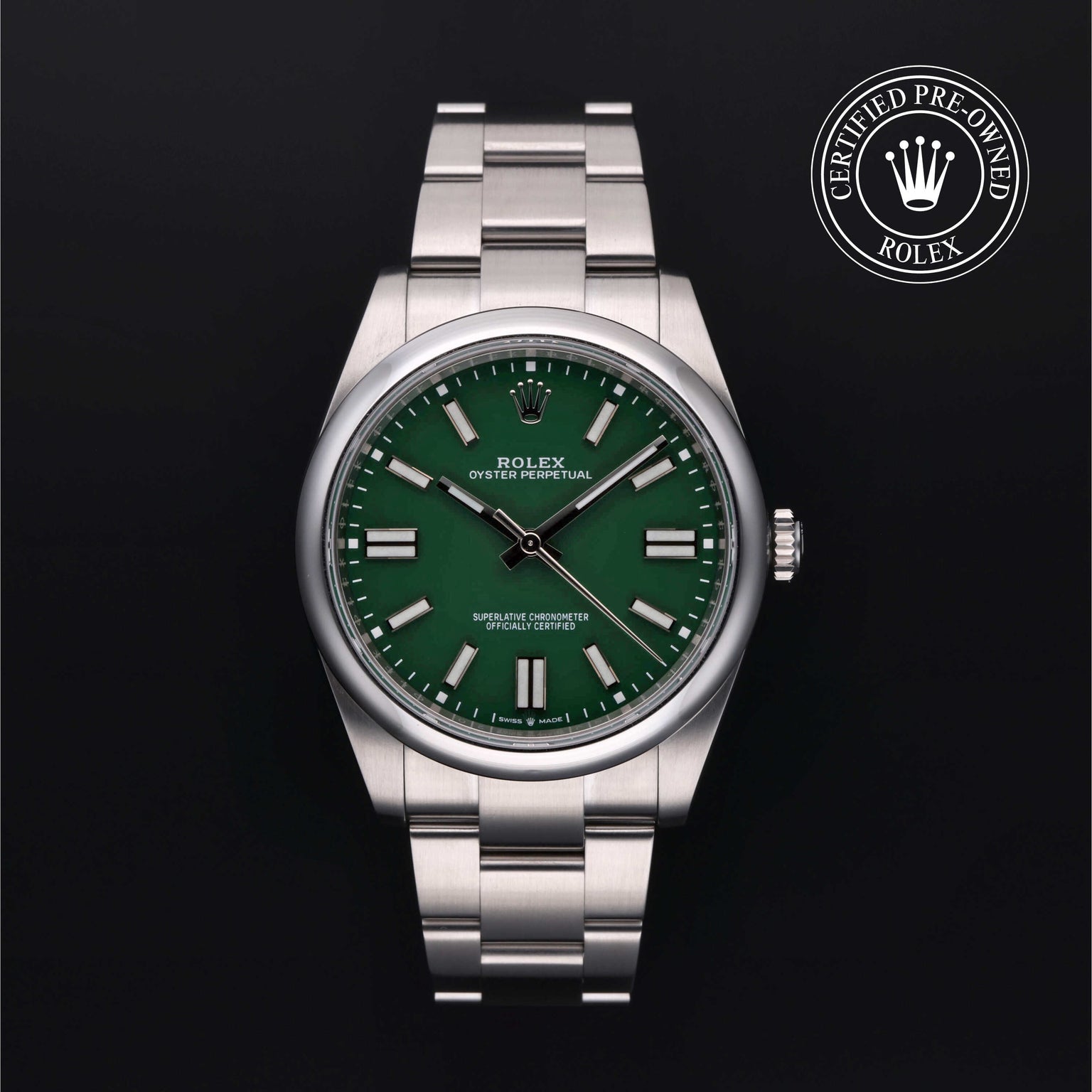 Rolex Certified Pre-owned Oyster Perpetual M124300-0005 front on black background