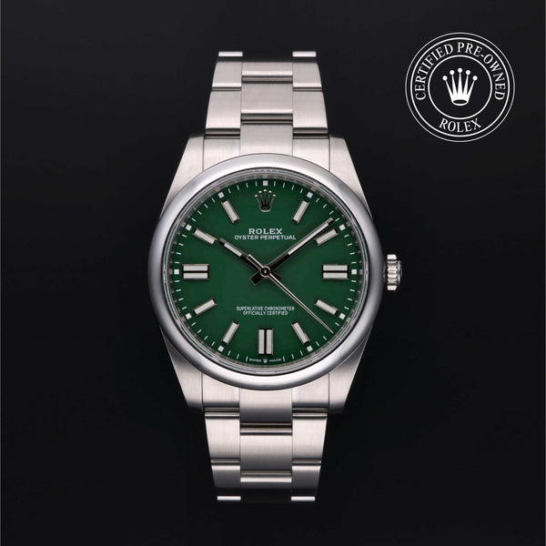 Rolex Certified Pre-owned Oyster Perpetual M124300-0005 front on black background