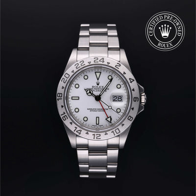 Rolex Certified Pre-owned Explorer M16570-0006 front on black background