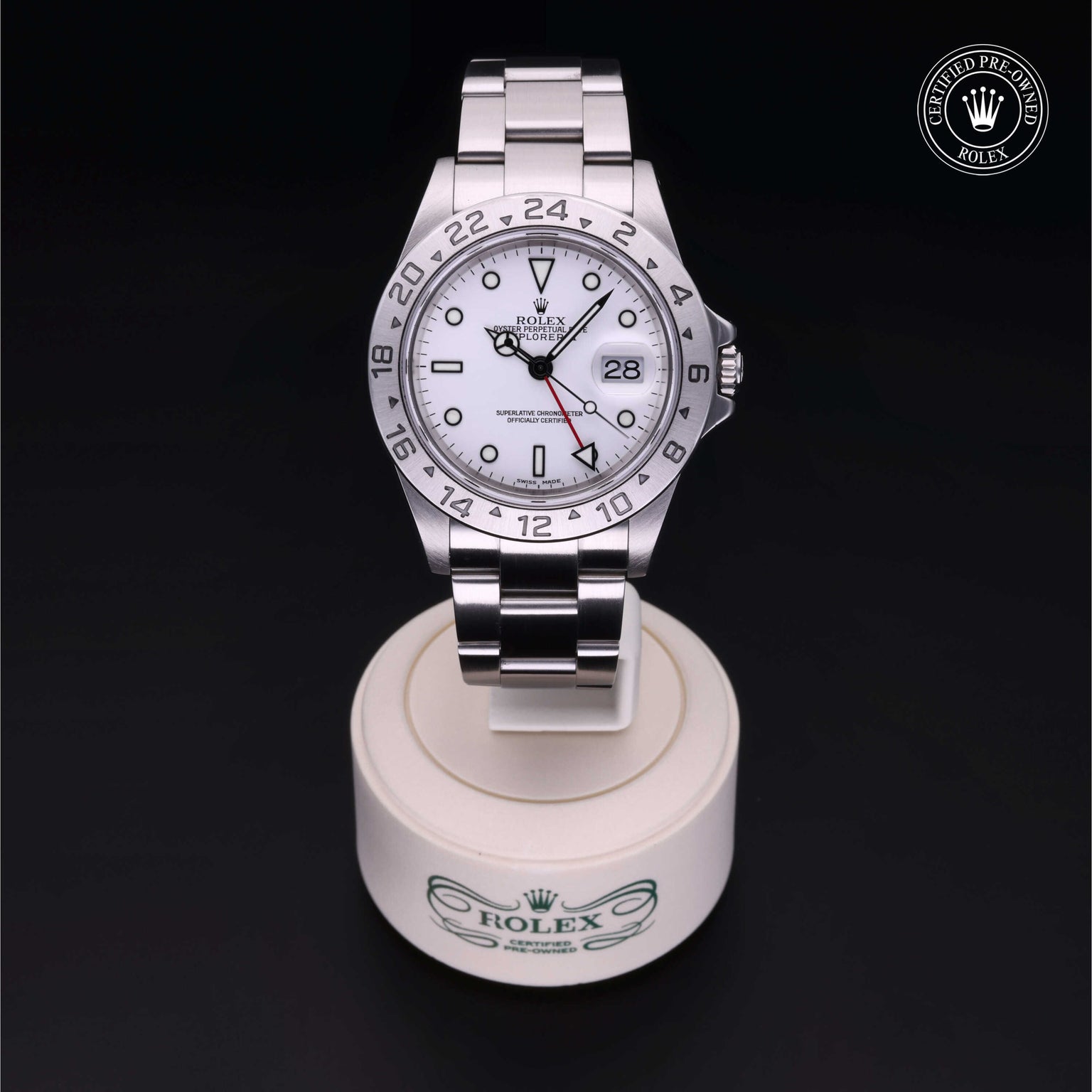 Rolex Certified Pre-owned Explorer M16570-0006 front on black background