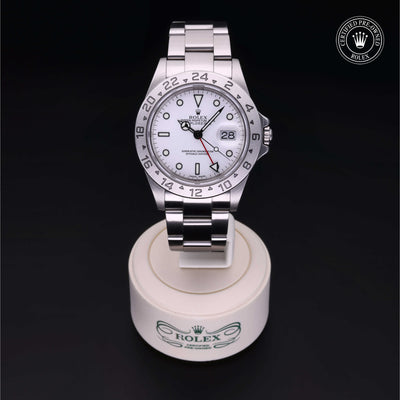 Rolex Certified Pre-owned Explorer M16570-0006 front on black background